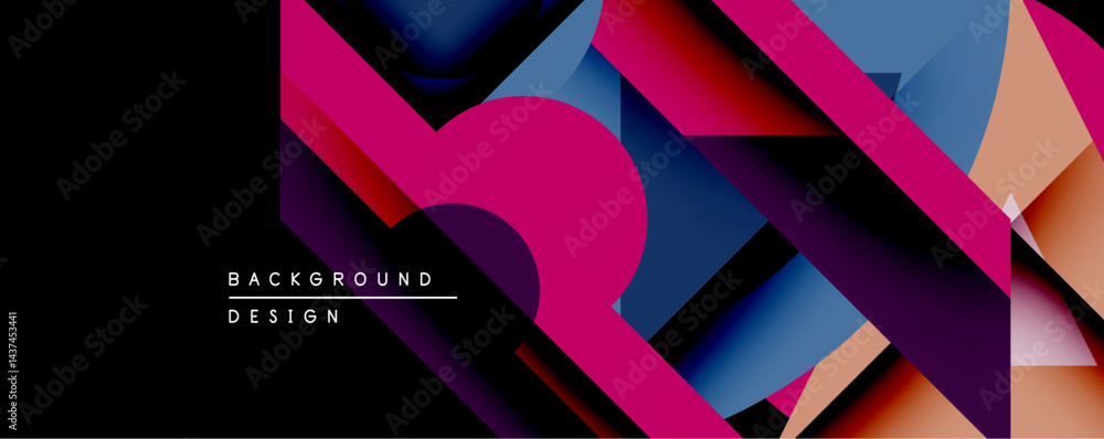 Aufkleber Abstract geometric design. Vivid colors blend, creating dynamic layers. Diagonal lines intersect, forming modern visual texture. Dark background emphasizes bright shapes.