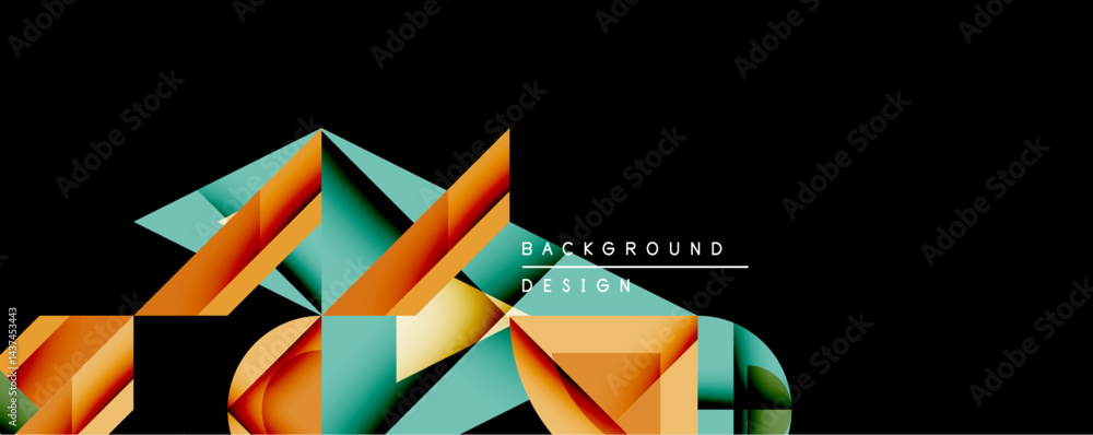 Poster abstract geometric shapes dominate dark background. orange, teal hues create dynamic composition. mo
