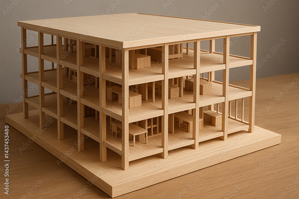 Poster a detailed architectural model showcasing a modern building design. the wooden structure features mu