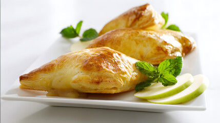 Delicious traditional golden flaky chausson aux pommes served with fresh mint and green apple slices