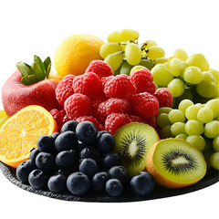 Assorted colorful fresh fruits displayed on a plate