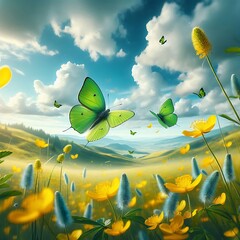 Green butterflies flying over yellow wildflowers in a meadow on a bright sunny day
