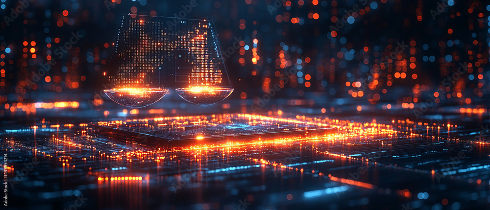 Poster futuristic ai controlled economic balance scale display with glowing circuits and data streams