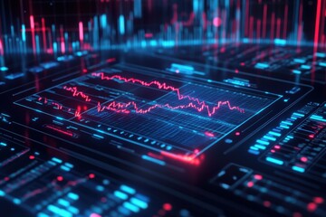 Fototapeta premium Design a high-resolution, futuristic interface showcasing a stock market chart with a candlestick graph, rendered in a striking blue and re