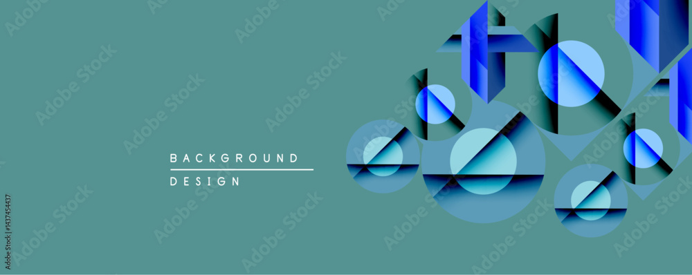 Poster Abstract geometric design features overlapping blue shapes. Circles, triangles create layered depth against teal backdrop. Modern, minimalist aesthetic.
