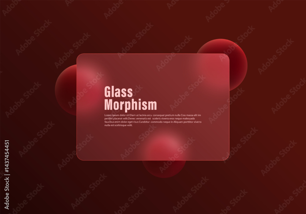 Poster dark gradient background with red spheres and transparent panel. abstract background in glass morphi