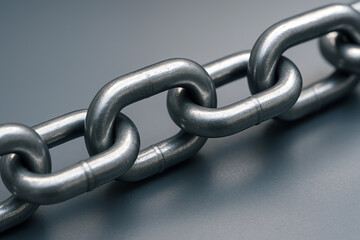 Obraz premium A close-up view of a metallic chain link, showcasing its strength and durability. The industrial design highlights the connection and security provided by this essential component.