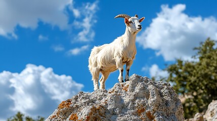 White goat atop rock outcrop under partly cloudy blue sky. Possible use Nature, wildlife, animals