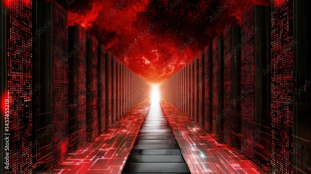 Poster abstract red data stream forming matrix pattern, tech-inspired digital background