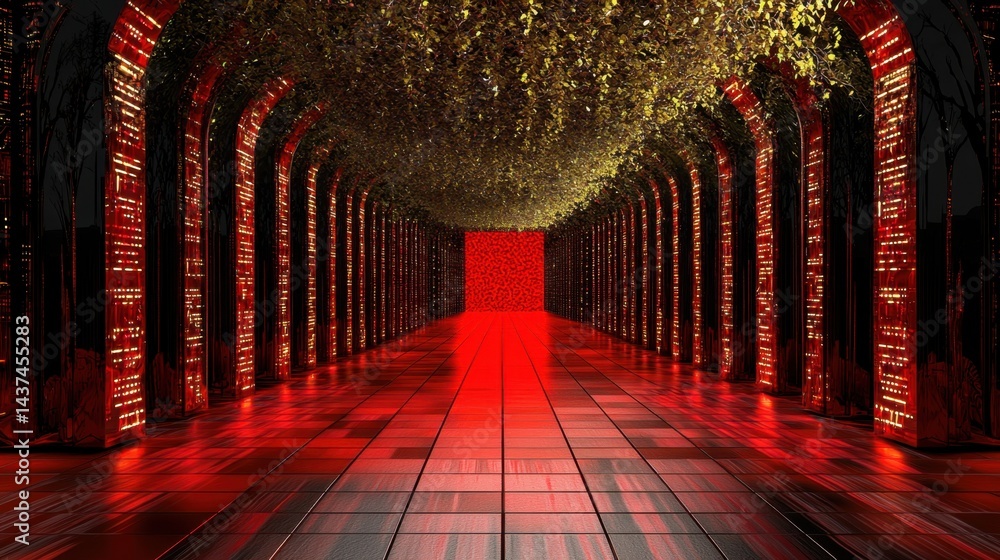 Poster abstract red matrix with neon glow, digital grid and cyber streams