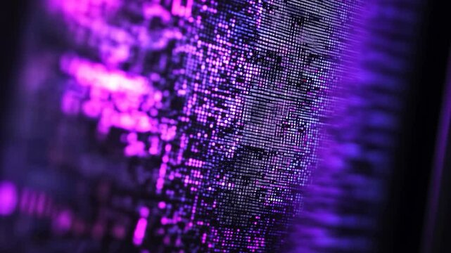 Abstract digital backdrop with a futuristic binary code pattern glows in bright purple and blue hues