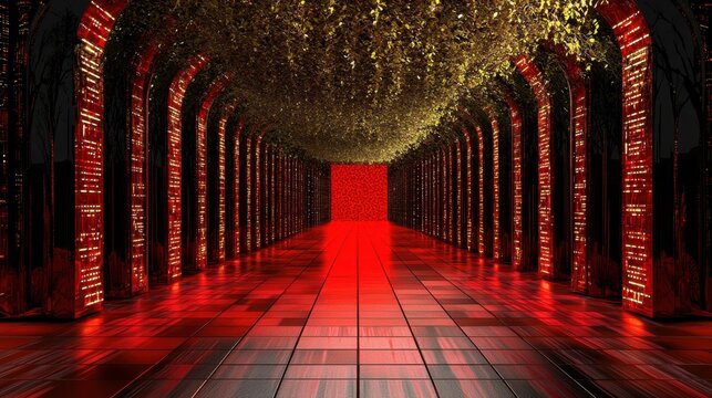 Abstract red matrix with neon glow, digital grid and cyber streams