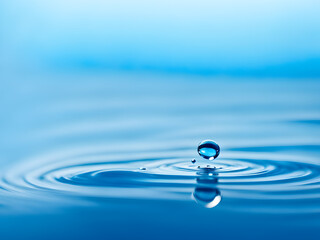 Blue water liquid droplet fluidity embodied in a shimmering water surface under soft blue studio light reflection rippling. Concept of healthy cosmetic natural lifestyle