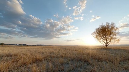 Fototapeta premium Golden Sunrise over Wheat Field with Lone Tree sunrise wheat field golden hour lone tree field sky