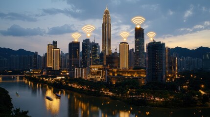 Obraz premium Aerial view of futuristic smart city with glowing 5G signal waves and Wi-Fi icons above buildings