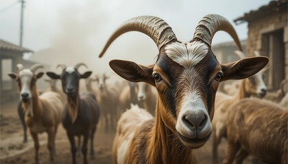 Goat Herd Close-up on a Farm with Horns