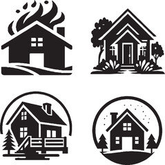 Distinct Black & White House Icon Collection: Fiery, Natural, Cabin, and Cozy Designs