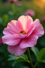 A Delicate Pink Flower with Morning Dew, Illuminated by Golden Sunlight, a Symbol of Natural Beauty and Tranquility
