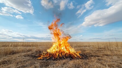 Wildfire in a Field of Dry Grass Under a Cloudy Sky fire wildfire field dry grass flames burning sky