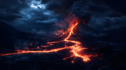 A molten river of lava flowing down a volcanic mountain at night, illuminating the rocky surroundings with a fiery red glow that contrasts against the dark sky.