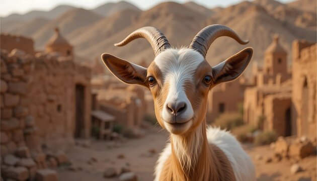 Goat Portrait in Mountain Village Setting