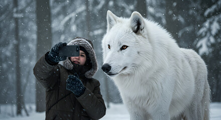 Obraz premium Influencer Taking Selfie with Majestic Dire Wolf in Snowy Forest
