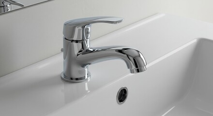 Modern chrome faucet on white sink with clean background  