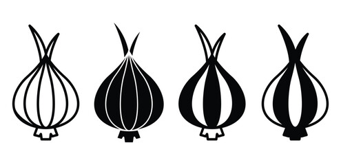 Red Onion Icons Simple Vegetable Vector Graphic Design Illustrations Black and White Color