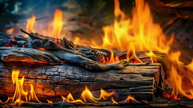 Close-up view of charred wood engulfed in intense flames burning brightly in a mesmerizing display of heat and energy.