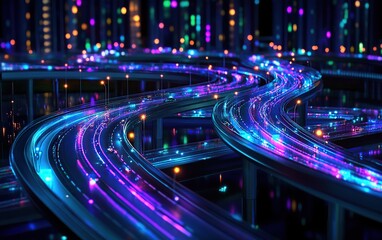 Futuristic city highway network with vibrant glowing light trails