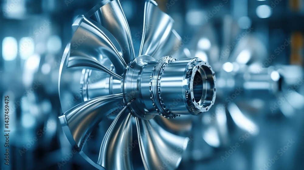 Aufkleber close-up of a shiny turbine engine component showcasing intricate design in a modern factory setting