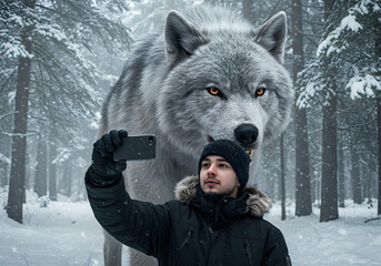 An Influencer taking a Selfie with a Majestic Dire Wolf in a Snowy Forest
