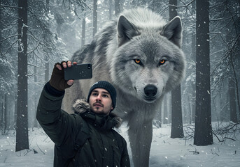 An Influencer taking a Selfie with a Majestic Dire Wolf in a Snowy Forest