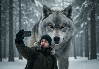 An Influencer taking a Selfie with a Majestic Dire Wolf in a Snowy Forest