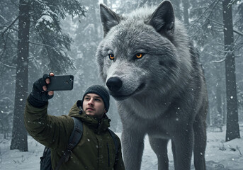 An Influencer taking a Selfie with a Majestic Dire Wolf in a Snowy Forest