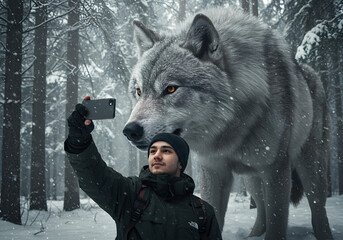 An Influencer taking a Selfie with a Majestic Dire Wolf in a Snowy Forest