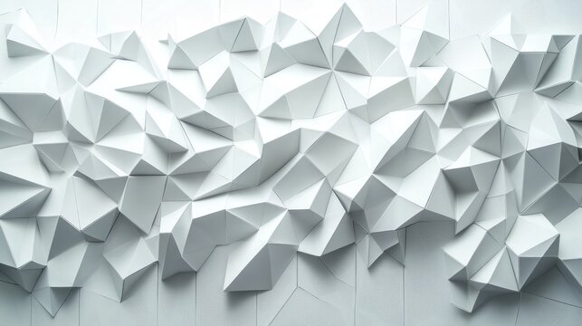 Abstract geometric white paper relief.  A textured surface composed of overlapping, triangular facets