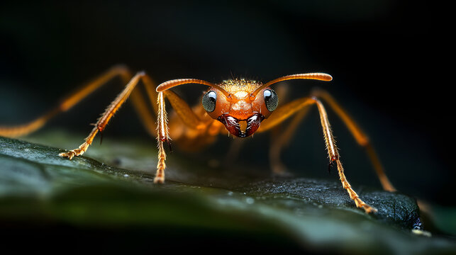 A rare golden rainforest ant with glistening eyes, crawling on a leaf.