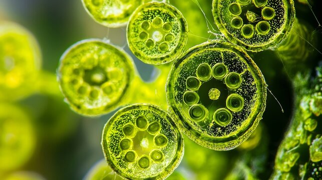 Green algae cells exhibit unique structural features observable through microscopy.