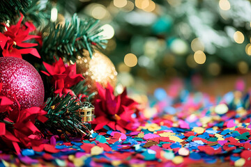 Christmas Decorations and Colorful Confetti Celebration Scene