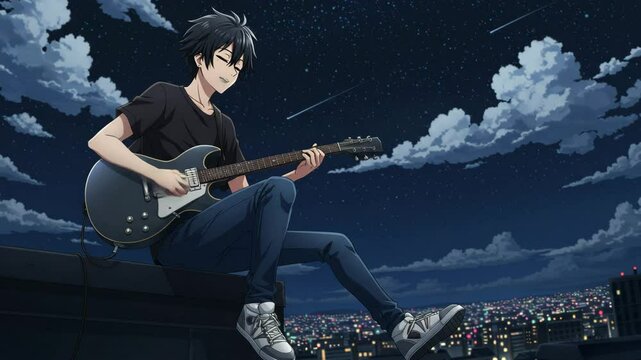 Anime Illustration of a Young Man Playing Guitar on a Rooftop at Night under a Starry Sky with City Lights in the Background