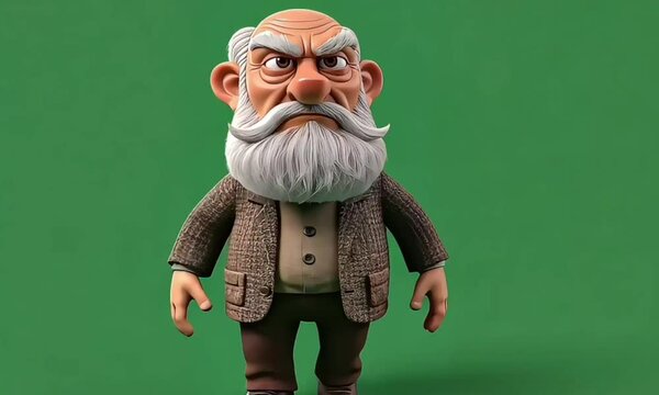 Angry 3D Cartoon Old Man Model Green Screen