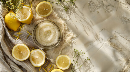 A bowl of turmeric yogurt mask with roots and linen, set low-left, leaving upper-right space for text.