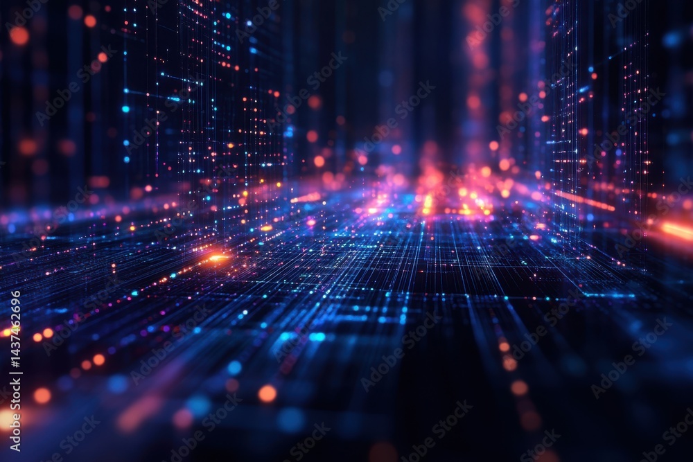 Aufkleber abstract blue digital grid with glowing particles and lines in a futuristic perspective view