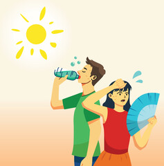 Man and woman suffering from heat wave and dehydration from strong sunlight. Man drinking water. Woman with folding fan blow. She got sweaty. Hot climate in summer. 
