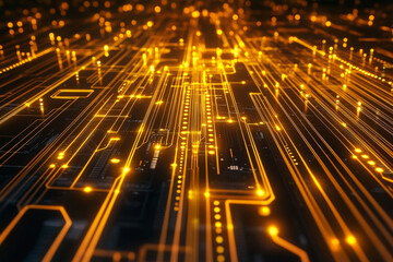 Fototapeta premium Golden Futuristic Circuit Lines Flowing Through a Digital Landscape
