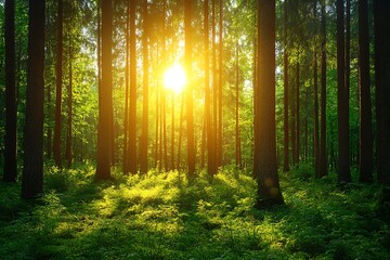 Sunlit forest scene with tall trees and lush undergrowth