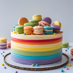 Delicious rainbow cake on color background