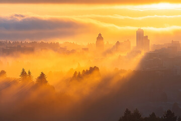 Fototapeta premium Sunrise Over Futuristic City Skyline Emerging Through Mystical Morning Fog