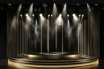 Luxury illuminated stage with golden accents and dramatic spotlight in dark atmosphere, ideal for awards ceremonies, product showcases, and glamorous events